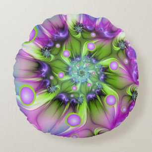 Colorful Spiral Round Shapes Abstract Fractal Art Round Pillow