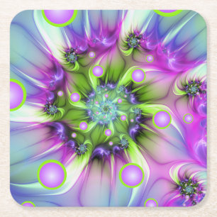 Colorful Spiral Round Shapes Abstract Fractal Art Square Paper Coaster