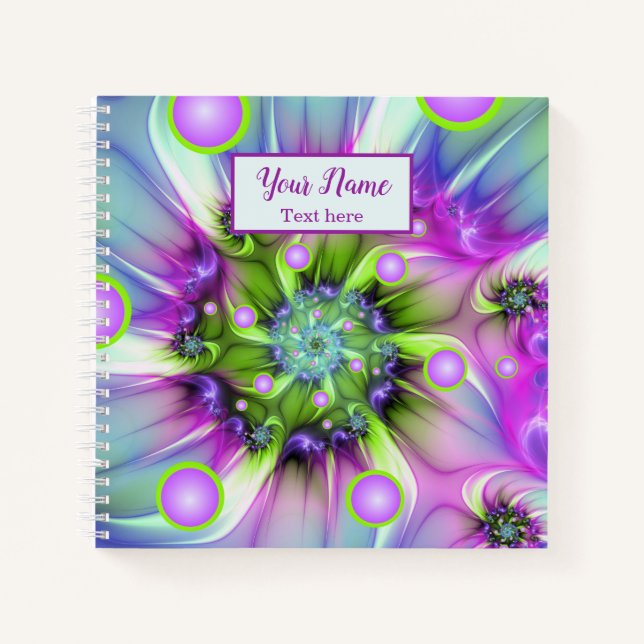 Colorful Spiral Round Shapes Abstract Fractal Name Notebook (Front)