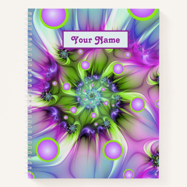 Colorful Spiral Round Shapes Abstract Fractal Name Notebook (Front)