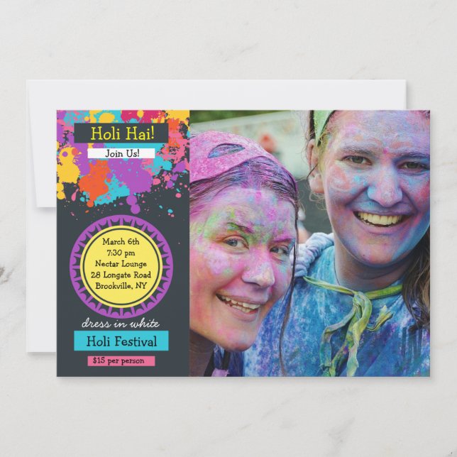 Colorful Splash Photo Holi Festival Invitation (Front)