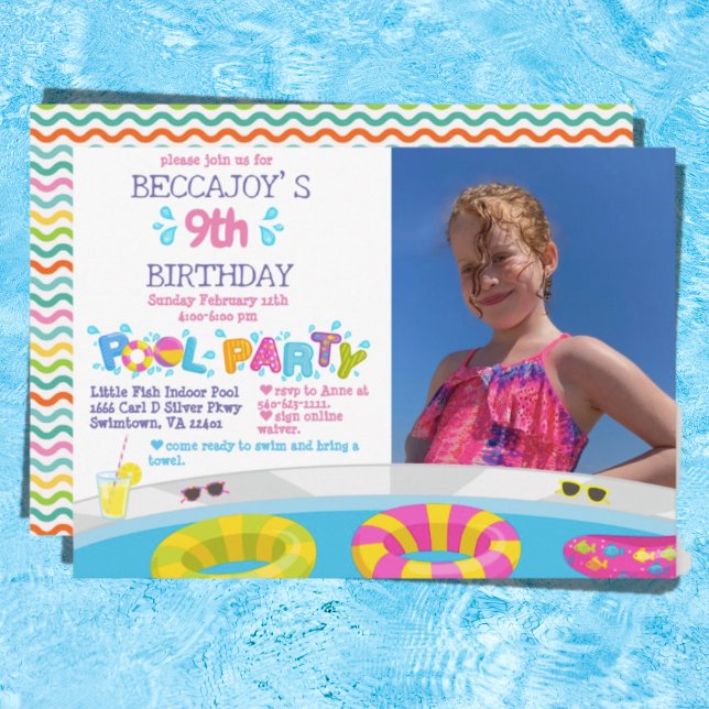 Colorful Splash Pool Birthday Party Photo Invitation (Creator Uploaded)