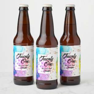 Colorful Splash Watercolor Birthday Beer Bottle Label