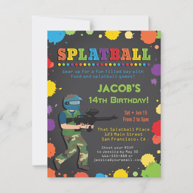 Colorful Splatball Birthday Party Invitations (Front)