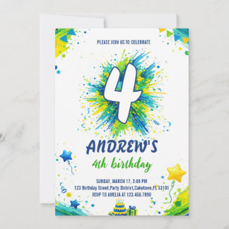 Colorful Splatter Paint Boy Blue Green Birthday Invitation