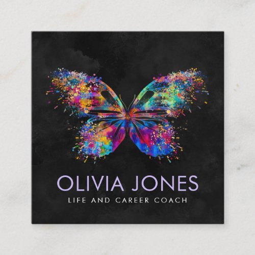 Colorful splatter paint butterfly square business card