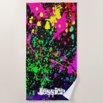 Colorful Splatter Paint Custom Name Beach Towel by MiniBrothers at Zazzle