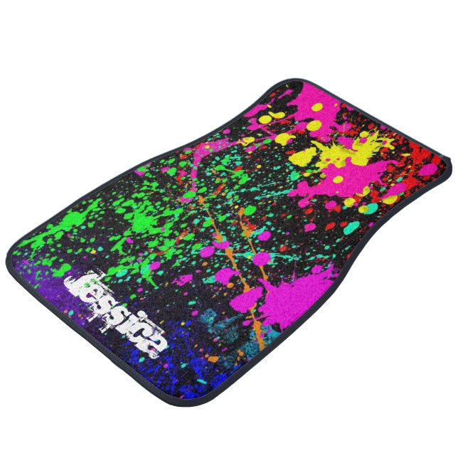 Colorful Splatter Paint Custom Name  Car Floor Mat (Angled)