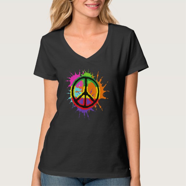 Colorful Splatter Paint Peace Sign Love T-Shirt (Front)