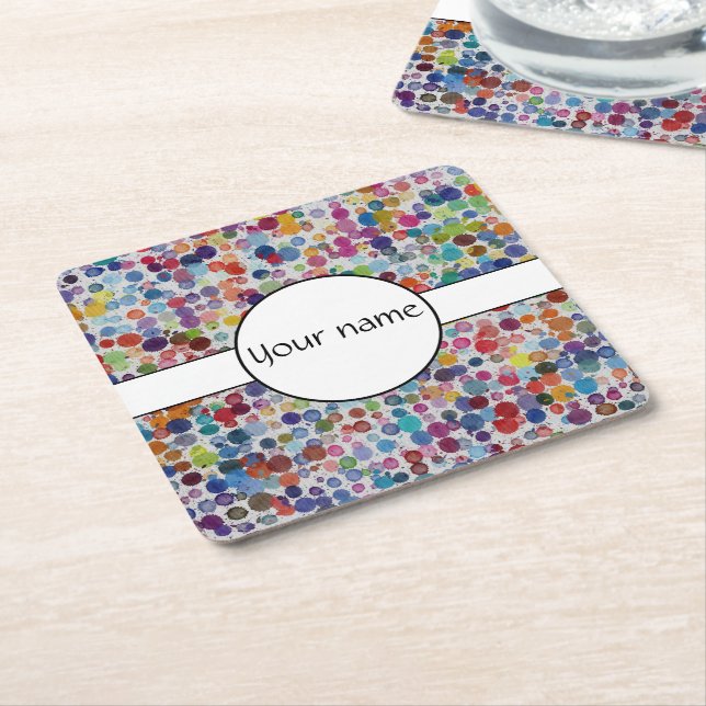 Colorful splatters abstract design square paper coaster (Angled)