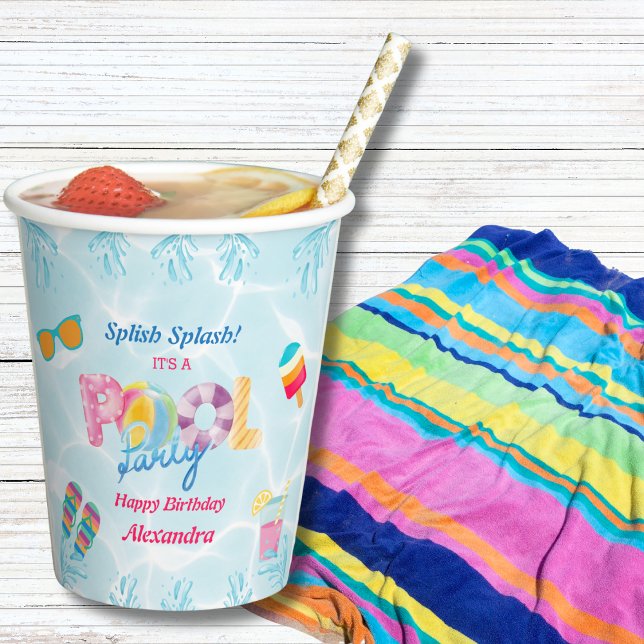 Colorful Splish Splash Girl Birthday Pool Party Paper Cups (Creator Uploaded)