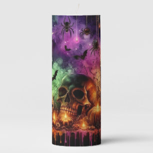 COLORFUL SPOOKY SCARY HALLOWEEN SCENE PILLAR CANDLE