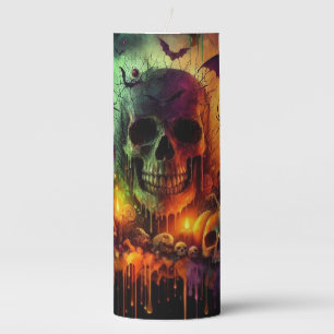 COLORFUL SPOOKY SCARY HALLOWEEN SCENE PILLAR CANDLE