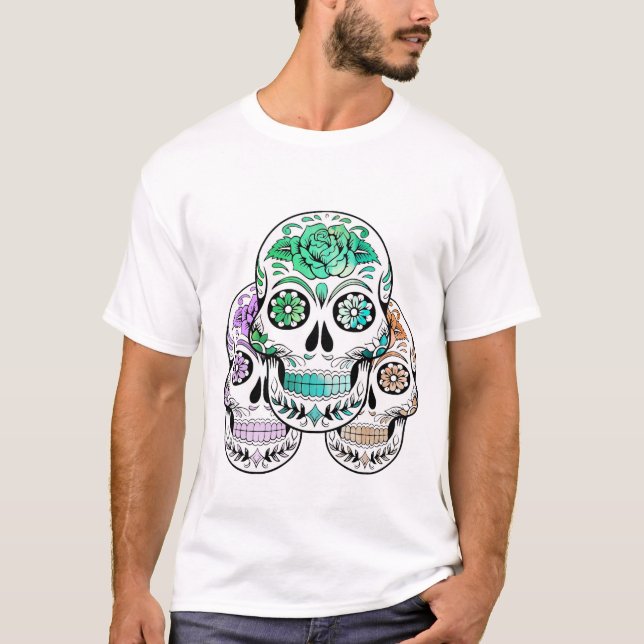 Colorful Spooky Sugar Skulls Halloween T-Shirt (Front)