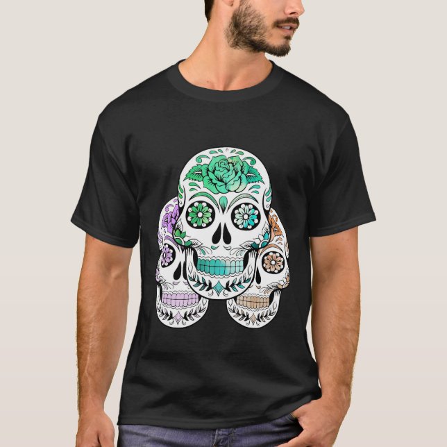 Colorful Spooky Sugar Skulls Halloween T-Shirt (Front)