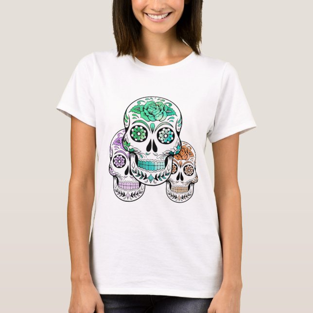 Colorful Spooky Sugar Skulls Halloween T-Shirt (Front)