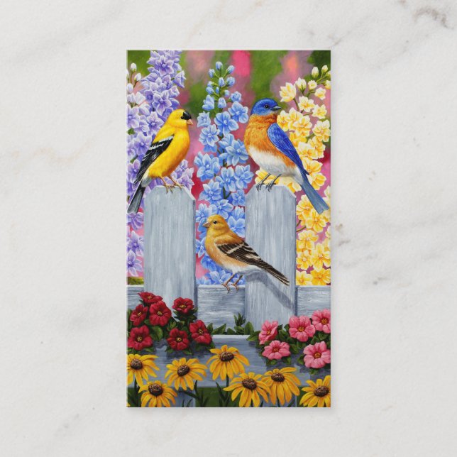 Colorful Spring Birds Garden Party Business Card (Front)