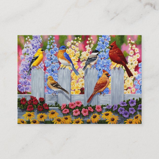 Colorful Spring Birds Garden Party Business Card (Front)