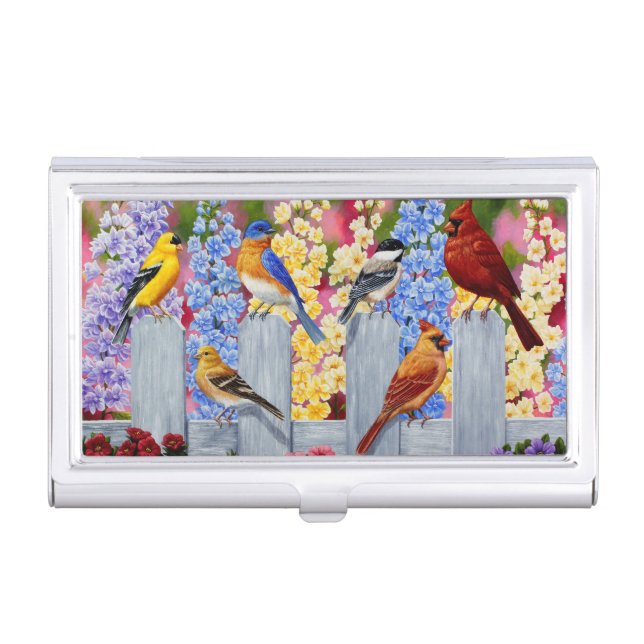 Colorful Spring Birds Garden Party Business Card Holder (Front)