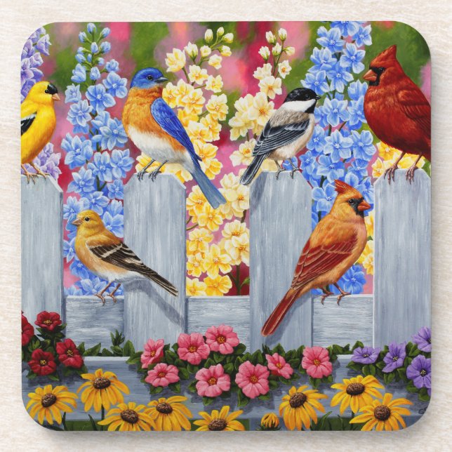 Colorful Spring Birds Garden Party Coaster (Front)