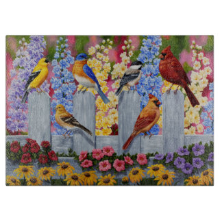Colorful Spring Birds Garden Party Cutting Board