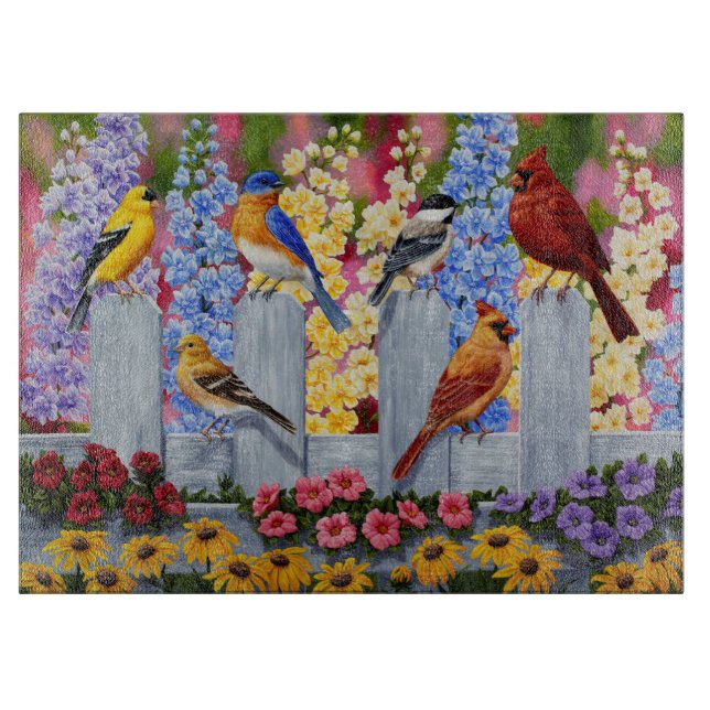 Colorful Spring Birds Garden Party Cutting Board (Front)