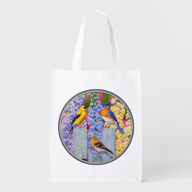 Colorful Spring Birds Garden Party Grocery Bag (Front)