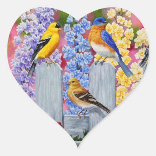 Colorful Spring Birds Garden Party Heart Sticker