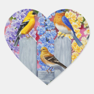 Colorful Spring Birds Garden Party Heart Sticker