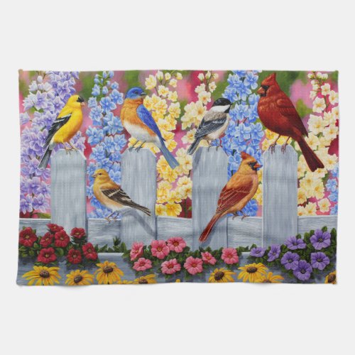 Colorful Spring Birds Garden Party Kitchen Towel