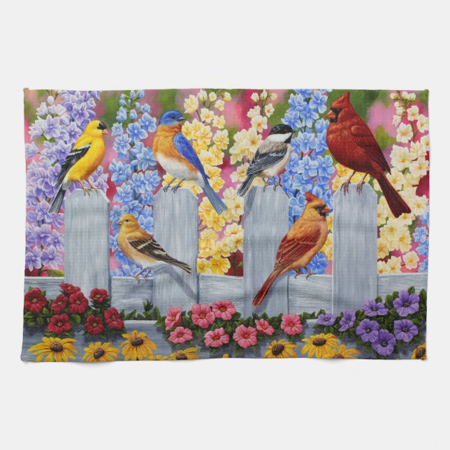 Colorful Spring Birds Garden Party Kitchen Towel (Horizontal)