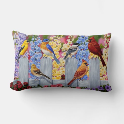 Colorful Spring Birds Garden Party Lumbar Pillow