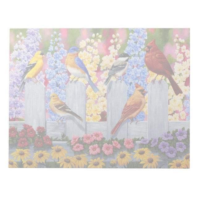 Colorful Spring Birds Garden Party Notepad (Front)