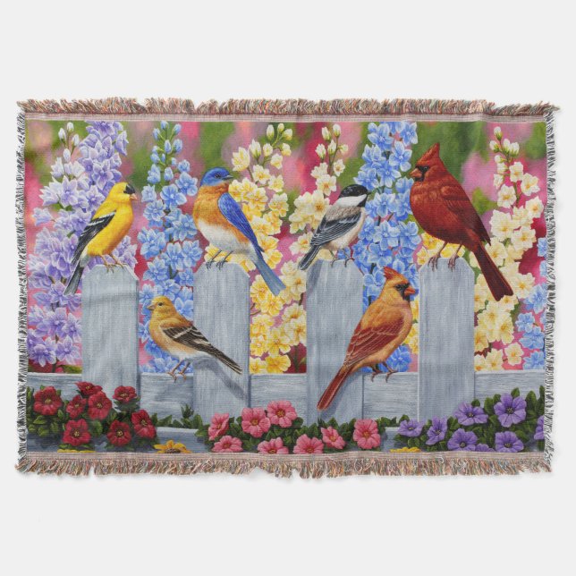 Colorful Spring Birds Garden Party Throw Blanket (Front)