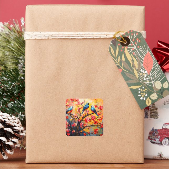 Colorful Spring Birds in Bloom Square Sticker (Holiday)