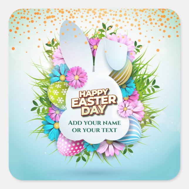 Colorful Spring Bunny Easter Eggs & Flowers Square Sticker (Front)