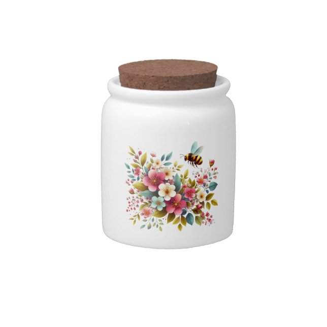 Colorful, Spring/Floral bee Candy Jar (Front)