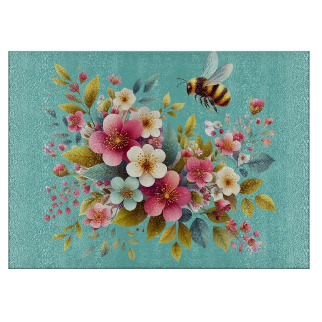 Colorful, Spring/Floral bee Cutting Board (Front)