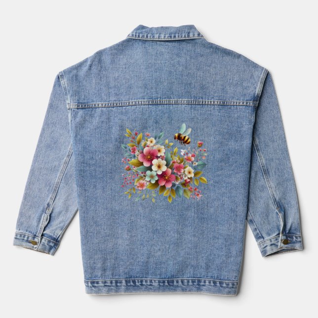 Colorful, Spring/Floral bee Denim Jacket (Back)