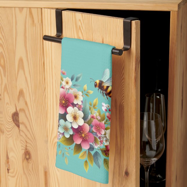 Colorful, Spring/Floral bee Kitchen Towel (Thirds Fold)
