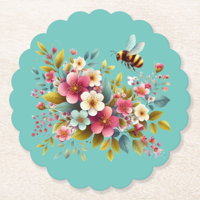 Colorful, Spring/Floral bee Paper Coaster (Front)