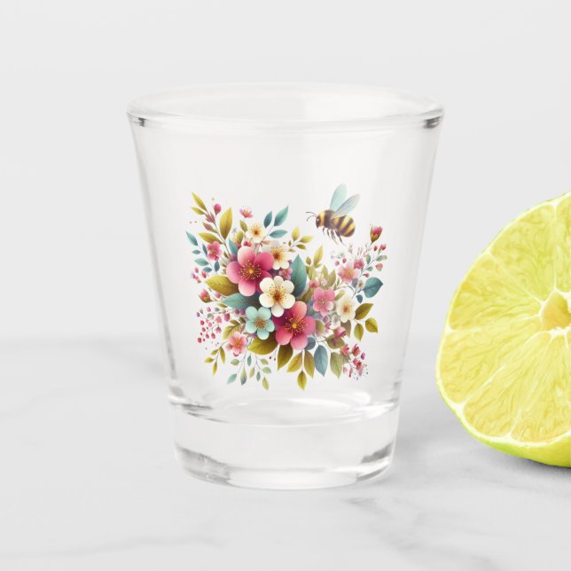 Colorful, Spring/Floral bee Shot Glass (Front)