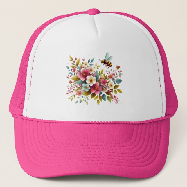 Colorful, Spring/Floral bee Trucker Hat (Front)