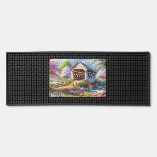 Colorful spring/floral covered bridge & river bar mat  (Front)