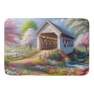 Colorful spring/floral covered bridge & river bath mat
