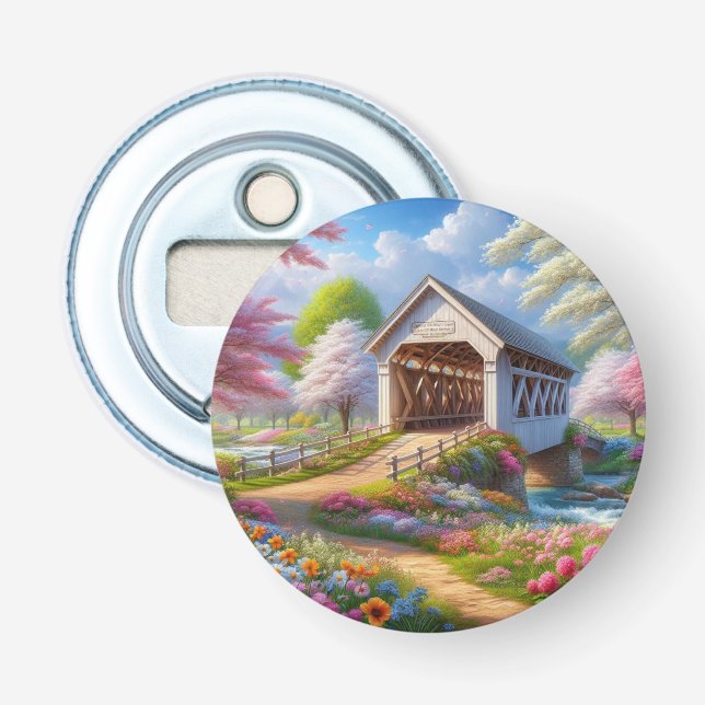 Colorful spring/floral covered bridge & river bottle opener (Front)