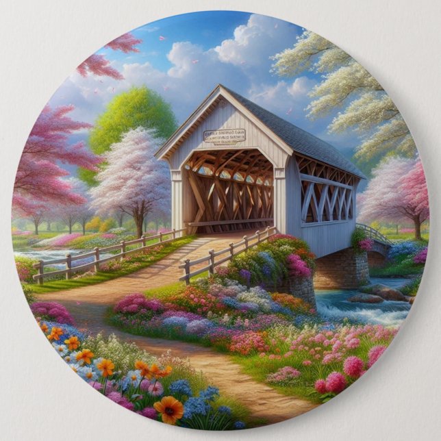 Colorful spring/floral covered bridge & river button (Front)
