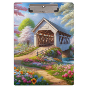 Colorful spring/floral covered bridge & river clipboard
