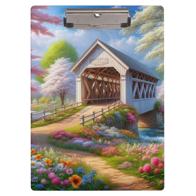 Colorful spring/floral covered bridge & river clipboard (Front)