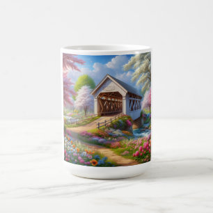 Colorful spring/floral covered bridge & river coffee mug